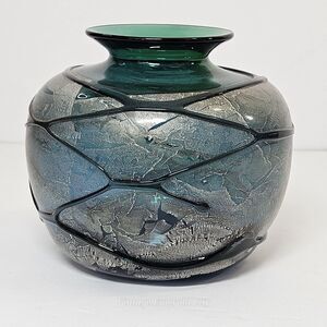 Vtg Verrerie La Mailloche Quebec Handmade Art Glass Vase 4" Green Blue Silver